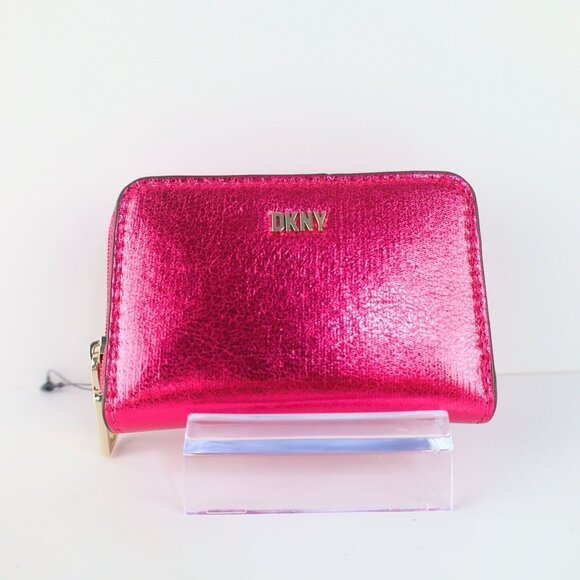 2 PC set -DKNY Lumen metallic faux-leather logo wallet + card case Pink - Picture 10 of 16